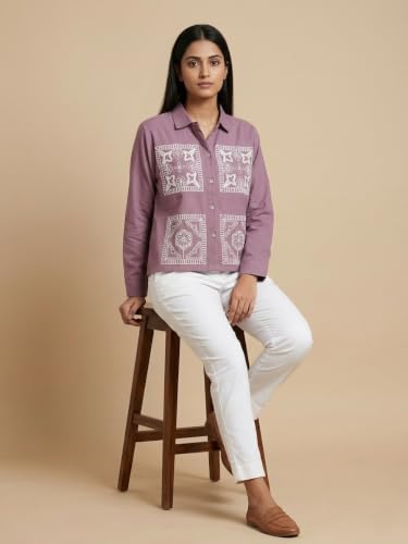Image of Stylish Women's Embroidered Shirts | Geometric Pattern Half Sleeve Collared Button-Up Casual Shirt for Women