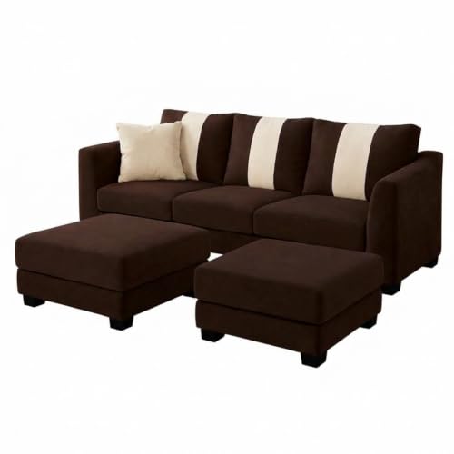 Image of Vero 5 Seater L Shape Sofa Set with 2 Movable Ottomans | Flexible Layout | Luxury Velvet Suede Fabric | Modern Living Room Sofa | Dark Brown