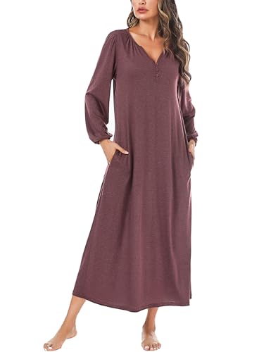 Marvmys Womens Cotton Long Sleeve Night Gown Henley Full Length Sleep Dress Wine Red L