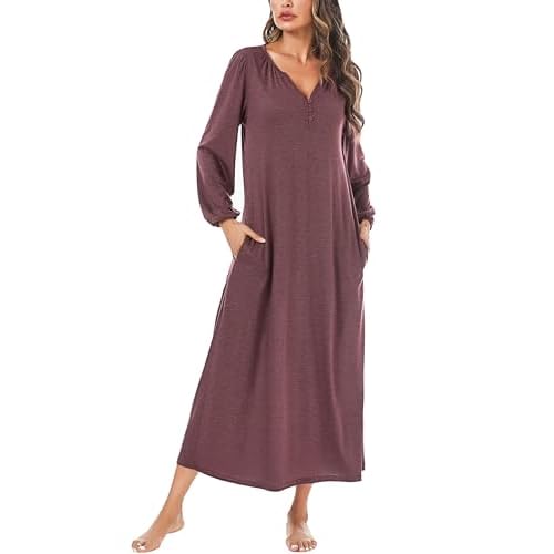 Marvmys Womens Cotton Long Sleeve Nightgown Long Sleepshirts Full Length Henley Sleep Dress with Pockets Wine Red Large