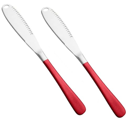 Image of Butter Spreader Knife, Stainless Steel, 3 in 1 Kitchen Gadgets, Curler, Butter Grater, Shredding Slots and with Serrated Edge Knife with Hole (Silver-Red, Set of 2)