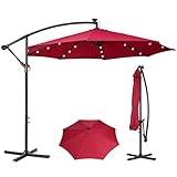 Panana 3M Garden Cantilever Parasol with 24 Solar Powered LED Lights Outdoor Banana Hanging Umbrella with Crank Mechanism Sun Shade Canopy for Poolside, Deck, Patio and Balcony (Red)