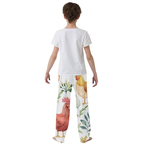 Watercolor Rooster Floral Boys Long Pants Soft Trousers Elastic Waist Kids Lounge Bottoms with Pockets S-XL3
