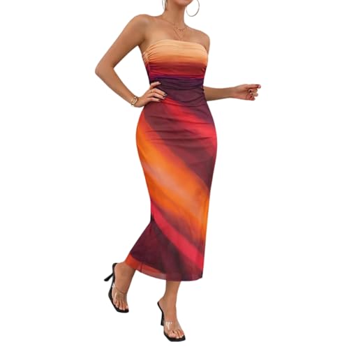 Image of LIGHT DOT Women's Summer Maxi Dress Tie Dye Strapless Tube Bodycon Side Slit Mesh Layered