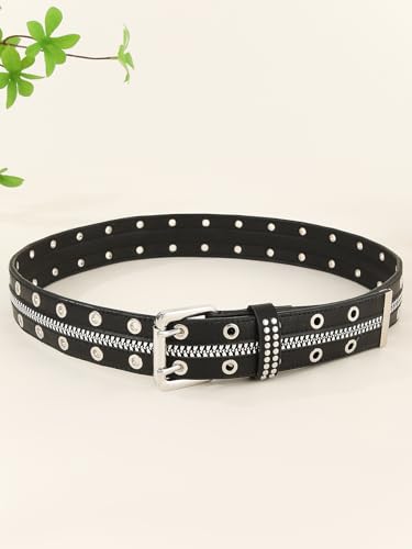 Women's Vintage Zip Rivet Studded Belts PU Leather Western Punk Waist Belts for Jeans2