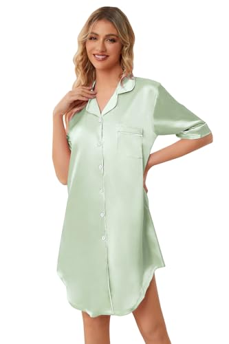 Image of Schbbbta Girls & Women Silk Nightgown, Short Sleeve Button Down Satin Nightshirt Pajama House Dress, 3 Years- Women 2XL