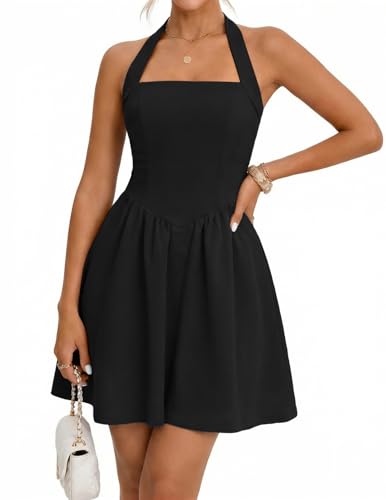 MEROKEETY Women's Summer Halter Neck Mini Dress 2026 Cute Ruched Waist A-line Flowy Graduation Cocktail Party Short Dresses, Black, Small