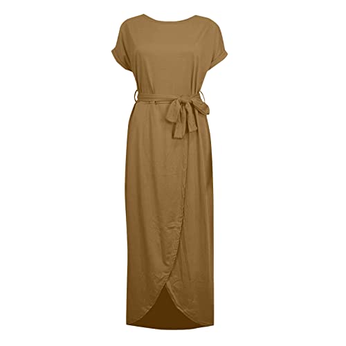 Baxlimek T Shirt Dresses For Women,2023 Summer Casual Comfy Crewneck Short Sleeve Lace Up Beach Dress,Trendy Irregular Slit Hem Sundress,Elegant Plain Ruched Maxi Dress Office Wear(A-Khaki,S) #TOP2