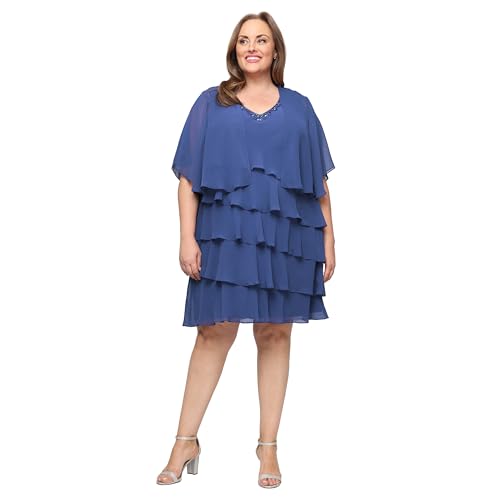 Image of S.L. Fashions Women's Chiffon Tiered Jacket Dress with Beaded Neckline Mother of the Bride, Cocktail, Or Wedding Guest Dress