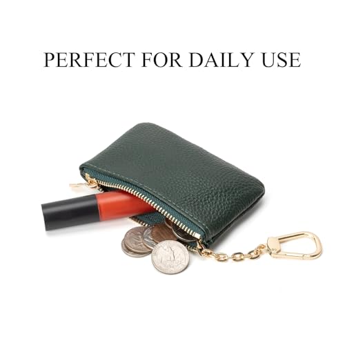 Image of Full Grain Leather Coin Purse with Key Chain - Small Change Purse Keychain Card Holder Keychain Pouch Small Keychain Wallet for Women and Men (Forest Green)
