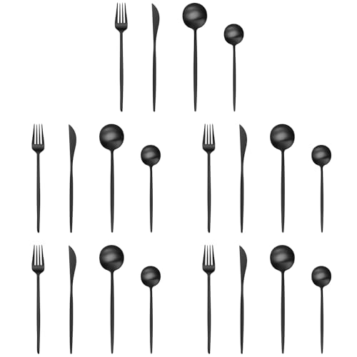 Image of aDai Matte Black Silverware Set | Satin Finish 20-Piece Stainless Steel Flatware Set | Dishwasher Safe Cutlery for Home, Restaurant & Gifting