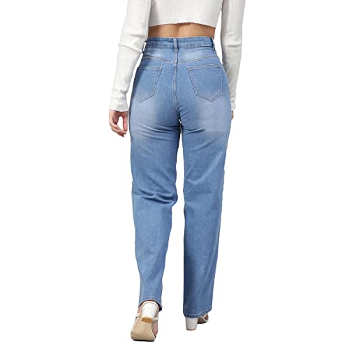 Image of KOTTY Women's High Rise Cotton Lycra Blend Ankle Length Relaxed Fit Jeans Light Blue