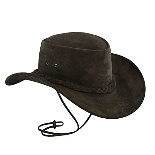 Leatherick Sombrero de Vaquero Impermeable Gamuza Real Marrón Oscuro Estilo Australiano Western Outback Bush Sombrero de Cuero (M, Marrón Oscuro)