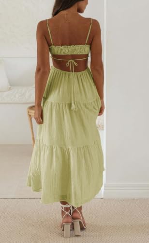 Image of ebossy Women's Cut Out Ruffled Long Boho Dress Sexy Spaghetti Straps Open Back Flowy Sundress (Small, S-Yellow)