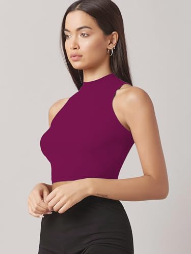 Image of Sugathari Women's & Girls' Solid Ribbed High Neck Sleeveless Crop Tops for Women (Top 37)