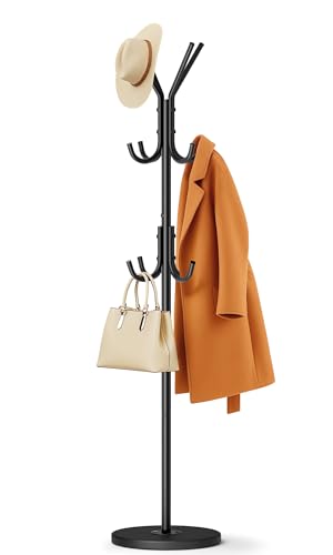 MISSLO Heavy Duty Coat Rack Freestanding with Stable Wood Base Metal Coat Tree with 12 Hooks Coats Hanger Stand Adjustable Clothes Tree for Jackets, Hats, Bags Standing Purse Rack for Bedroom, Office