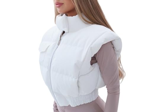 KIRYU Abrigo corto para mujer, cálido, con cremallera, acolchado, corto, acolchado, abrigo de plumón, Blanco, XL