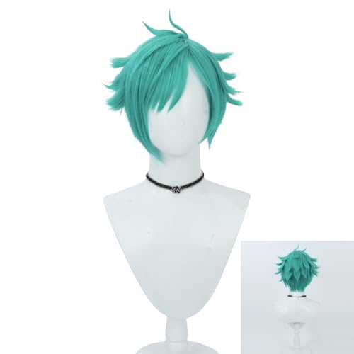 Aphelios Cosplay Wig Short Men Anime Wig Cyan Green Straight Wig with Bangs Heat Resistant Synthetic Hair for Party