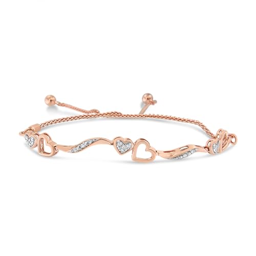 14K Rose Gold Plated .925 Sterling Silver 1/10 Cttw Diamond Wave and Hearts 4”-10” Adjustable Bolo Bracelet (I-J Color, I3 Clarity)