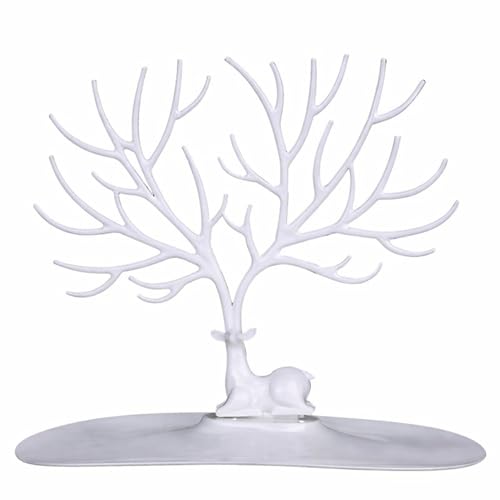 PARENCE - Présentoir à Bijoux Arbre Cerf – Organisateur Boucles d’Oreilles, Bracelets et Colliers – Support Décoratif Blanc avec Base Large