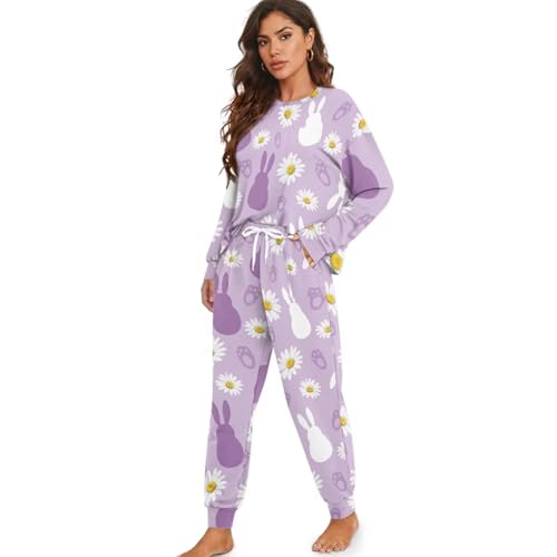 Image of Womens Lounge Set Long Sleeve Soft Pajama Sets Casual 2 Piece Pj Outfit Crewneck Sleepwear with Pockets Plus Size