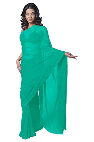 Women's Bollywood Chiffon Plain Sari Festival Uniform Saree Wrap Fabric Unstitched Blouse Piece Party Wear (Turquoise)