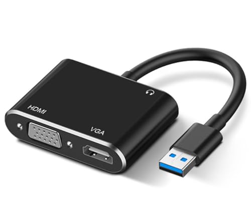 USB to HDMI VGA Adapter with 3.5mm Audio, Multi-Port Converter to HDMI for 2 Monitors, Compatible with Laptop, Dell XPS, HP, Lenovo, ChromeBook, PC, Windows 7-10