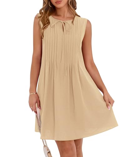 Image of BTFBM Womens Summer Mini Dress 2026 Sleeveless Crew Neck Cute Bow Tie Front Loose Pleated Casual Short Dresses Pockets