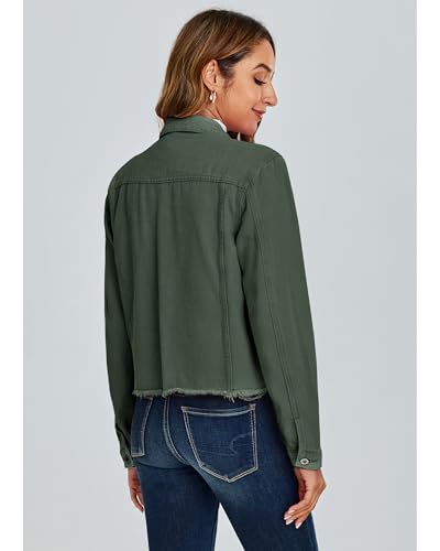 Image of luvamia Denim Jacket for Women Distressed Jean Jackets Button Up Vintage Western Trucker Jacket Frayed Hem Pockets