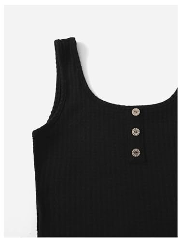 Image of RoseSeek Girl's 2 Piece Outfits Waffle Knit Scoop Neck Button Down Crop Tank Tops Paperbag Waist Track Shorts