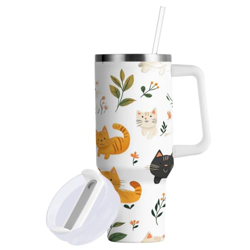 Vaso aislado al vacío de 40 onzas con pajilla, resistente a fugas, diseño de dibujos animados, lindos gatos, flores, botella de agua blanca, de acero inoxidable, reutilizable, taza de café para