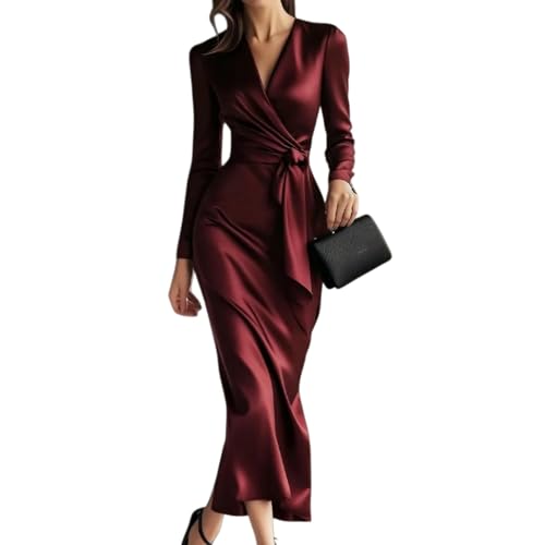 Fryloo Vestito Abito da Donna Elegante in Raso con Scollo A V, Maniche Lunghe alla Caviglia Cintura Vita per Serate Autunnali, Feste E Occasioni Speciali-Borgogna-XL