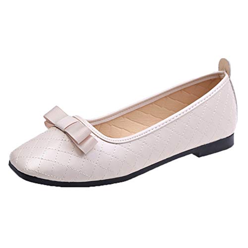 Ladies Flat Casual Shoes Leisure Fashion Spring Summer PU Bow Tie Moccasin Shoes Non-Slip Soft Sole Low Heel Loafers Shoes Beige