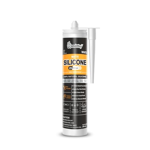 Smartbuy Advanced 2X Stronger Matte 100% Silicone Sealant and Adhesive for Glass Window Door Kitchen Bath Brick Tuckpointing Interior & Exterior Odorless Waterproof Caulk 10.1oz Cartridge (White)