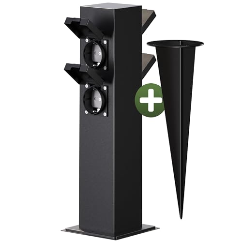 MONZANA® 4X Prise de Jardin IP 44 Piquet Prise extérieure étanche Colonne d'énergie multiprise Inoxydable Prise de Courant borne électrique Noir