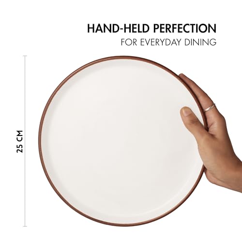 Image of Ceramic Dinner Plates, 4 Pcs | Rim Plate for Easy Eating | Microwave, Oven, Dishwasher Safe | Set of 4 Ceramic Plates for Dinner | Handmade | (Vanilla Biscuit, Set of 4 Dinner Plates)