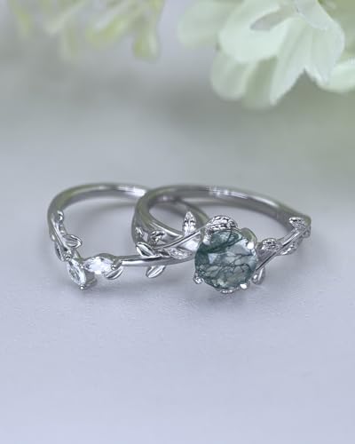 Natural Moss Agate Ring Set 925 Sterling Silver and Pear Birthstone Ring Set Leaf Birthday Engagement Wedding Promise Ring for Her Birthday Christmas Jewelry Gift for Women2