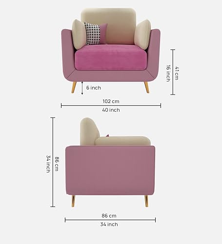 Image of Black Wood Modern Montez Luxurious Velvet 1 Seater Sofa for Bedroom, Living Room, Dining Room, Drawing Room, Home Office in Bug Resistant Wood (Pink & Beige, 1 Seater)