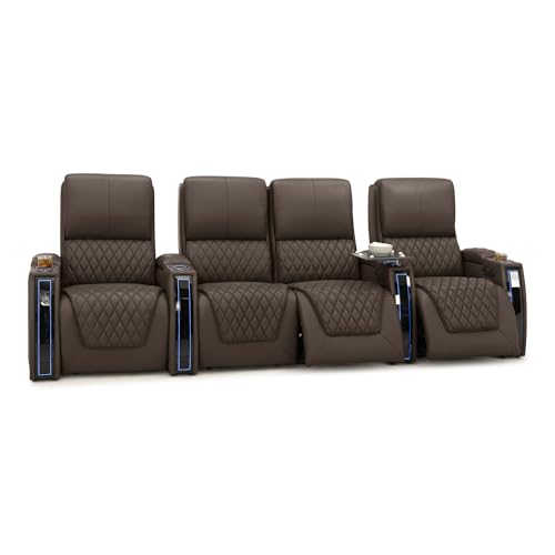 Image of Seatcraft Apex Brown Italian Leather Home Theater Seating, Zero Gravity Power Recliner Chair, Powered Headrest and Lumbar Gaming and Lounge Sofa Furniture for Cinema Room, Row of 4 Middle Loveseats
