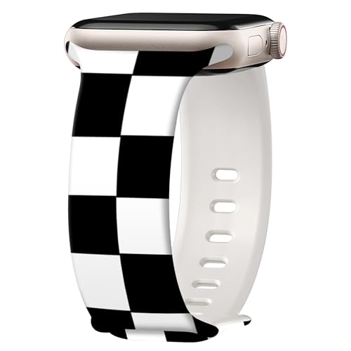 Image of wipalor Checkered Bands for Apple Watch Bands for Women 46mm 45mm 44mm 42mm 49mm, Cute Sport Checkered iWatch Bands Soft Silicone iPhone Watch Bands Series 11 10 9 SE 8 7 6 5 4 3 Ultra-Black /White
