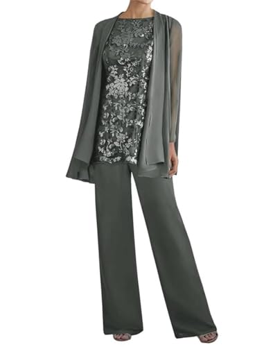 3 Pieces Mother of The Bride Pant Suits with Jacket Long Sleeves Lace Chiffon Outfit Formal Evening Gowns for Wedding
