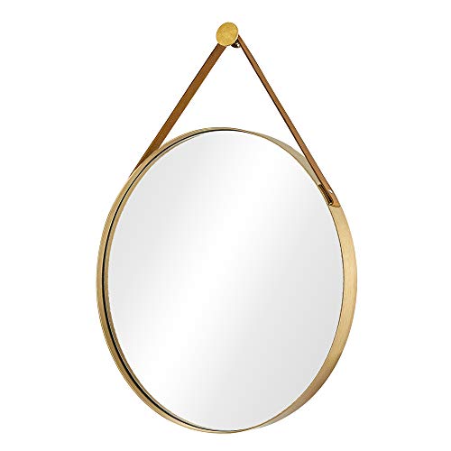 Untrammelife Round Wall Mirror 24 Inch,Gold Round Mirror With Hanging Leather Strap Gold Hardware Hanger,Brushed Metal Framed Round Hanging Mirror For Bedroom Living Room Bathroom #TOP16