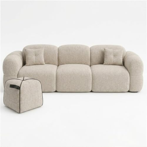 Image of FURNY Luxury Nimbus 4 Seater + Suri Pouf Sofa Set for Living Room | Boucle Weave Fabric Upholstered | Modern Cushioned Comfortable Couch for Home Office & Drawing Room | Sandstone Beige