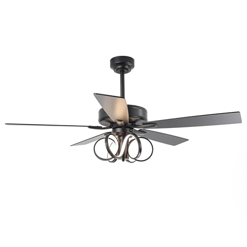 Image of 52 Inch Black Ceiling Fans with Lights and Remote - Creative Modern Ceiling Fan for Bedroom Living Room with 3CCT, 6 Speeds, Timer, Dual-Sided Reversible 5 Blades Indoor Outdoor Chandelier Fan