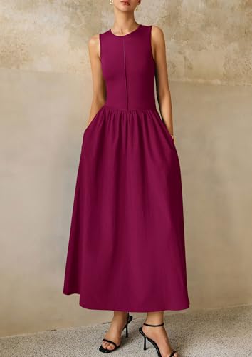 Image of PRETTYGARDEN Maxi Dresses for Women 2026 Summer Casual Sleeveless Patchwork Flowy Vacation Sundress Knit Long Work Tank Dress