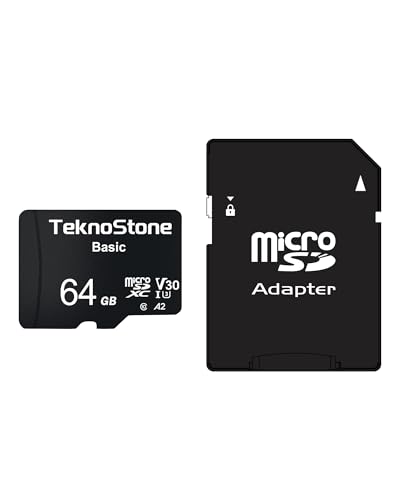 TEKNOSTONE Basic 64GB MicroSDXC Flash Memory with Adapter 90MB/s Read 50MB/s Write UHS-I C10 U3 V30 A1 Rated HD Support TF Card for Dashcams Security Cameras Tablets Phones Drone Console (1 Pack)
