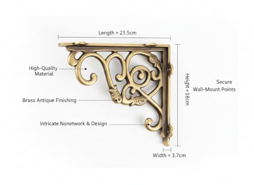 Image of Metal Handcrafted Shelf Bracket for Floating Shelves Decorative L Angle Shaped Corner Brace Joint Heavy Duty Wall Mounted Supporter Corner Brace Holder (Gold, 8.5 inch (21.5 cm))