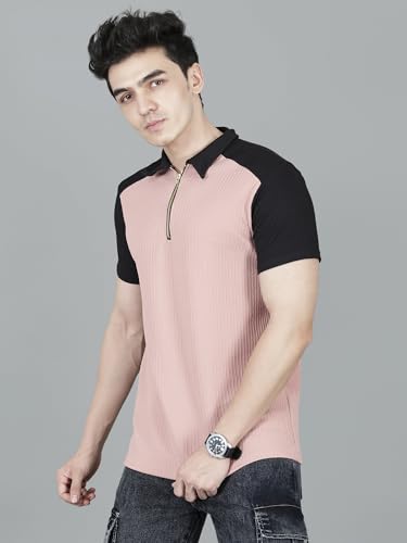 Image of London Hills Men's Loose Fit Half Sleeve Color Block Polo T-Shirt with Zip Collar | Premium Polyester Fabric | T Shirt for Man | Tshirt | Shirts Men | Tshirt for Man | Men T-Shirts