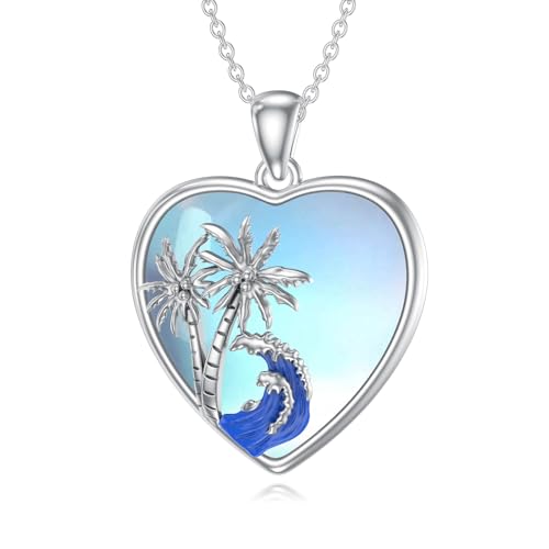 Moonstone Palm Tree Necklace for Women 925 Sterling Silver Ocean Wave Heart Pendant Moonstone Heart Necklace Jewelry Gift for Daughter