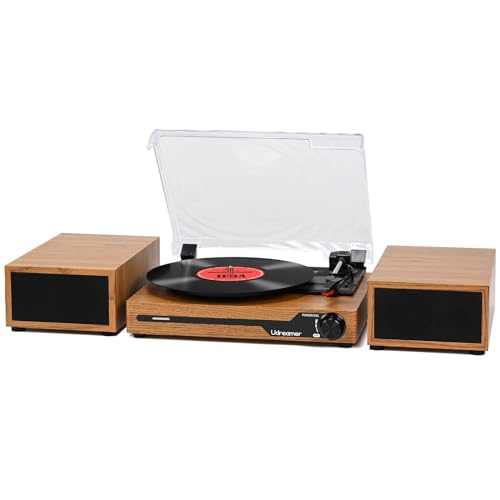 Vinyl Record Player with External Speakers BT 5.3 Wireless Turntable Portable with 3 Speed USB Vintage Wooden Yellow